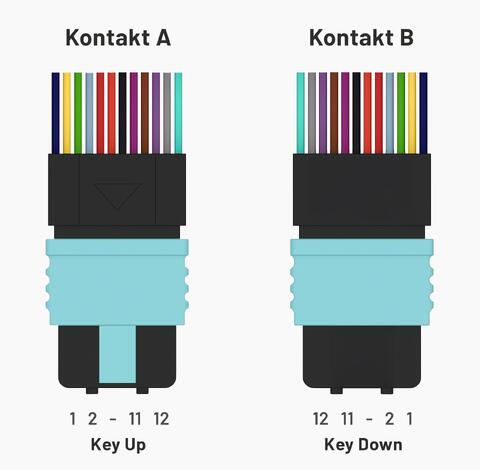 Illustrasjon av MPO-12 kabel med type A-polaritet. Kontakt A vises med Key Up, kontakt B med Key Down. Fiberposisjonene er nummerert, og forbindelsen går rett frem: fiber 1 til 1, fiber 2 til 2, helt til fiber 12.
